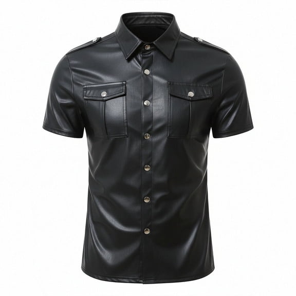 XIAOCHA Faux Leather Pocket Shirt for Men Fitted Short Sleeve Collared Button Up Blouse Smooth Edgy Nightclub Shirts