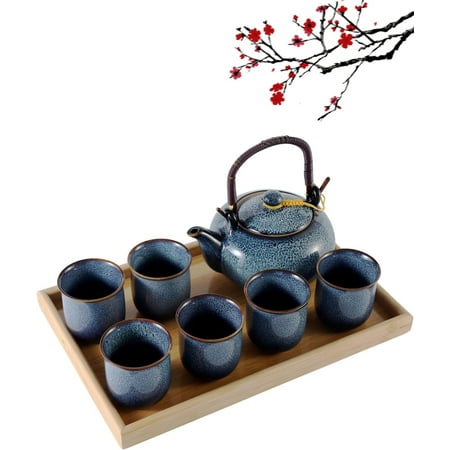 Tea Set for 6 People, Kiln-Altered Glaze Porcelain with 1 Teapot, 6 Cups, and 1 Tray, Blue