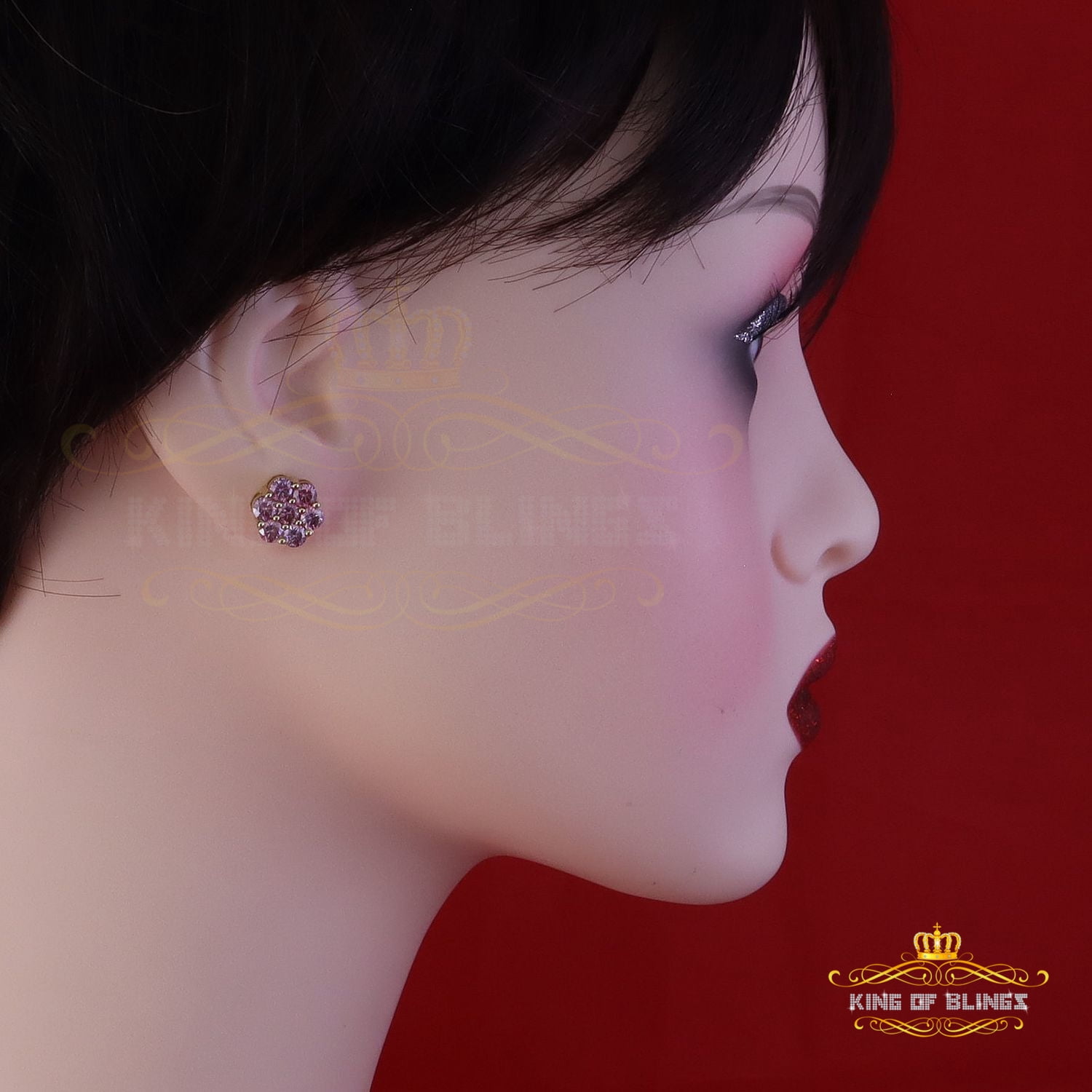 King of Bling's 925 Silver Yellow 2.25ct VVS D Pink Moissanite Floral Mens/Women's Stud Earrings