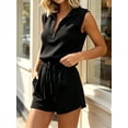 thumbnail image 4 of Sleeveless Women's Casual Shorts Rompers Summer Half Zip Lapel Collar Drawstring Knit One Piece Jumpsuit with Pockets, 4 of 6