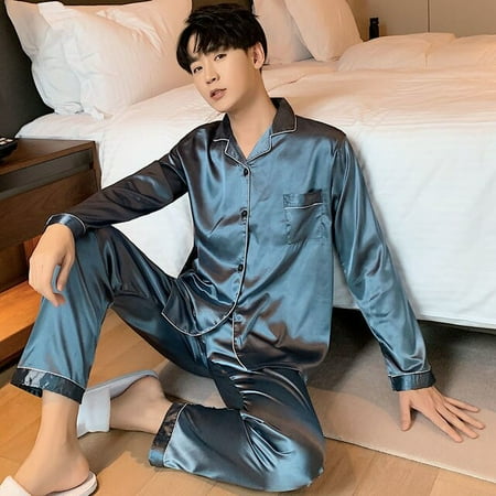 

QWZNDZGR Sleepwear Men Silk Satin Solid Color Pajama Sets Couple Long Button-Down Pyjamas Home Suit Pijama Women Loungewear Plus Size Pjs