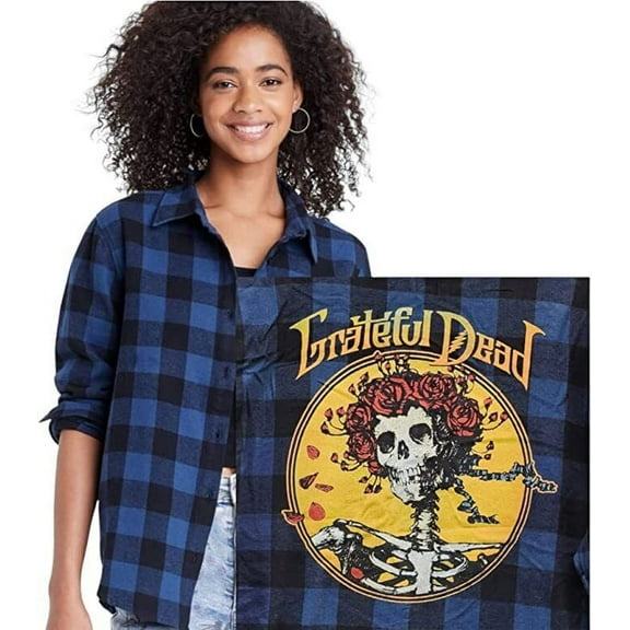 Vintage Style Flannel Shirt Grateful Dead Womens M Bertha Skull Roses Blue Plaid