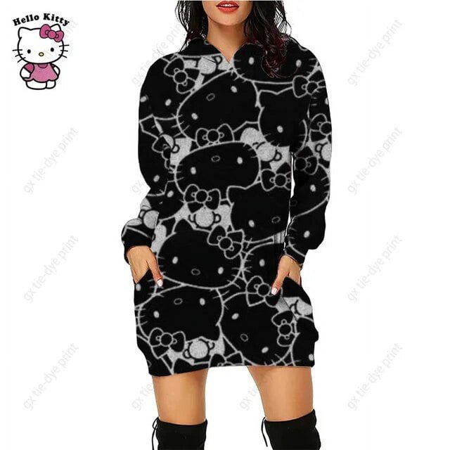 Nouveau Chandail à Capuchon Léopard Hello Kitty Femme Simple Col Rond Polyvalent Chandail Long Bureau Décontracté Ample Chandails à Capuchon Robe d'Automne