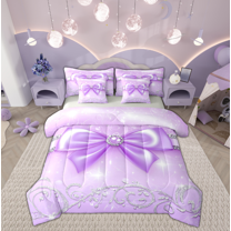 Manfei Princess Bow-tie Child Twin Bedding Sets 7-Piece, Dreamy Cartoon Bowknot Bedding Comforter Set, Glitter Stars Print Reversible Sheet Sets, Ultra Soft Home Decor