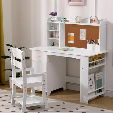 Children's Study Desk and Chair Set, Includes Bookshelf, Bulletin Board, and Storage Cabinets for Kids Aged 3 to 8 Years