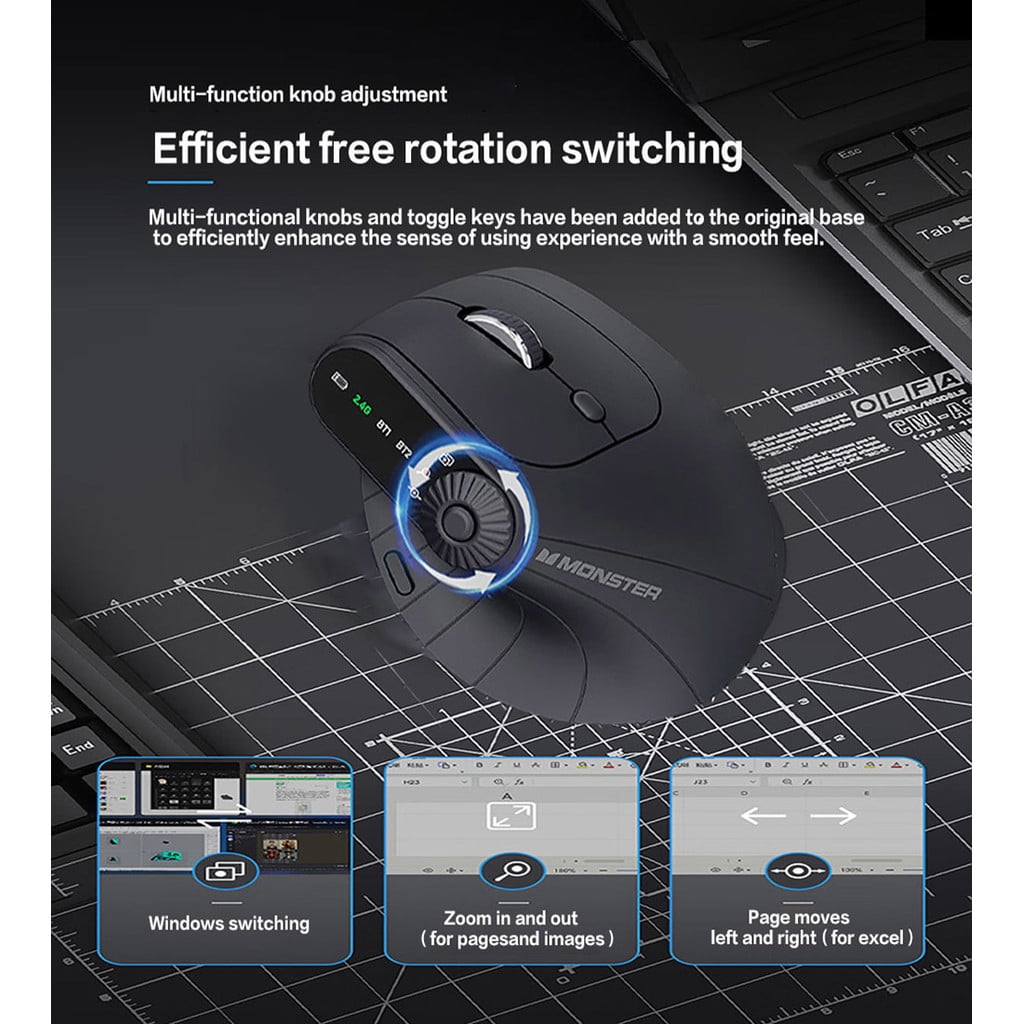 JOMAA Ergonomic Vertical Mouse, Rechargeable Bluetooth & 2.4GHz Wireless Mouse, 3 Device Multi-Connection, USB-A Optical Mice Compatible with Windows Mac OS, Black