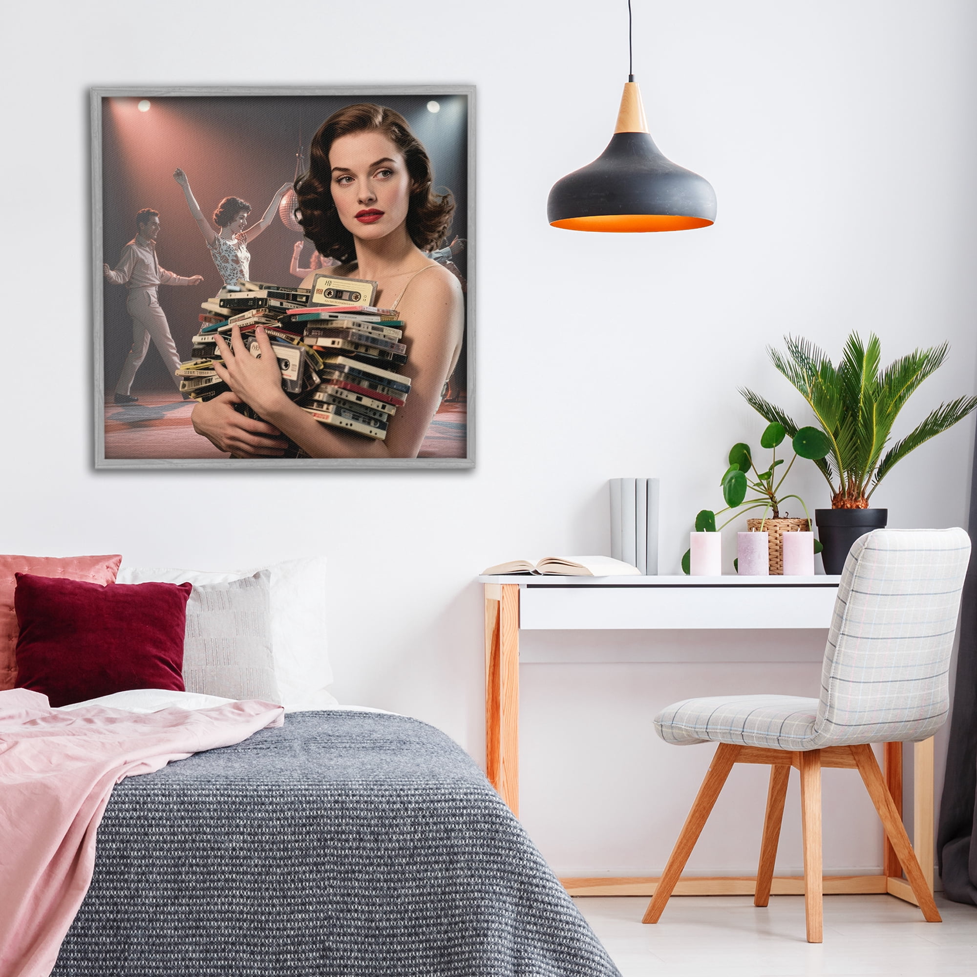 Stupell Industries Woman Holding Vintage Cassette Collection Gray Framed Giclee Art, design by CAD Designs