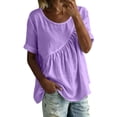 thumbnail image 2 of Nmnitkp Linen Tops for Women Solid Color Linen Blend Gathered Crew Neck Short Sleeve Blouse, Loose Fit Casual Summer Tops for Daily Wear Purple,2XL, 2 of 9