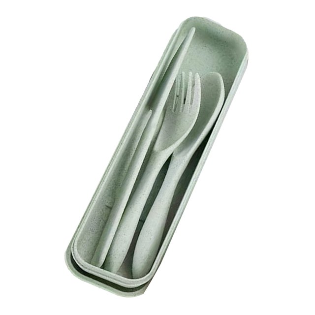 Wheat Straw Cutlery Set Modern Portable Fork Spoon Knife Tableware with Box for Office School Picnic Green