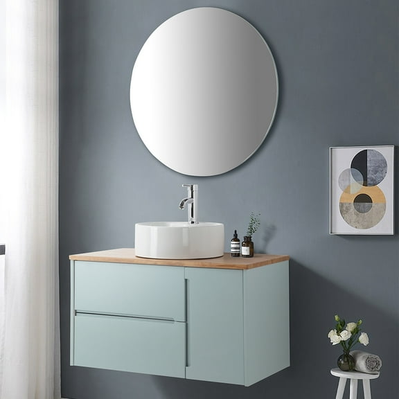 Demi Bonn 35" Single Door Wall Mounted Bathroom Vanities Cabinet with Ceramic Sink, 2 Drawers and Round Mirror, Faucets and Drains Not Included, Blue