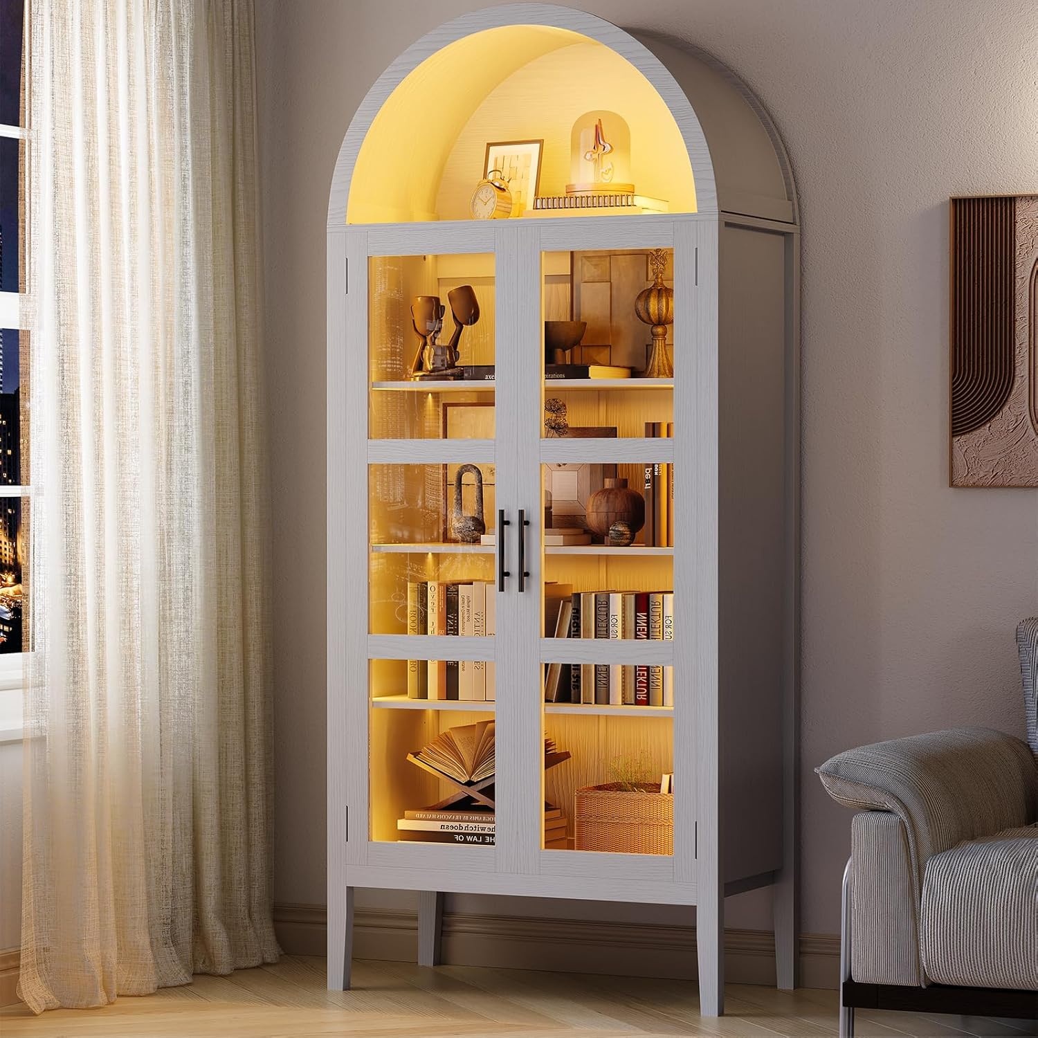 Home 70" Tall Arched Kitchen Pantry Cabinet with LED Lights, Modern Wood Arched Bookshelf with Glass Doors & Adjustable Shelves, Elegant Display Cabinet for Kitchen, Dining Room, Living Room