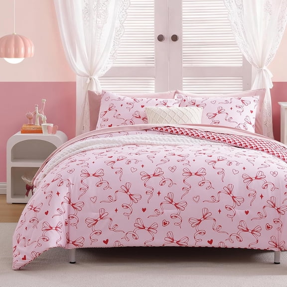 Twin XL Comforter Set for Girls, Red Bow Bedding Set Reversible with Cute Heart, All Season Kids Dorm Bed in a Bag 5 Pieces with Sheets, Pillowcase & Sham