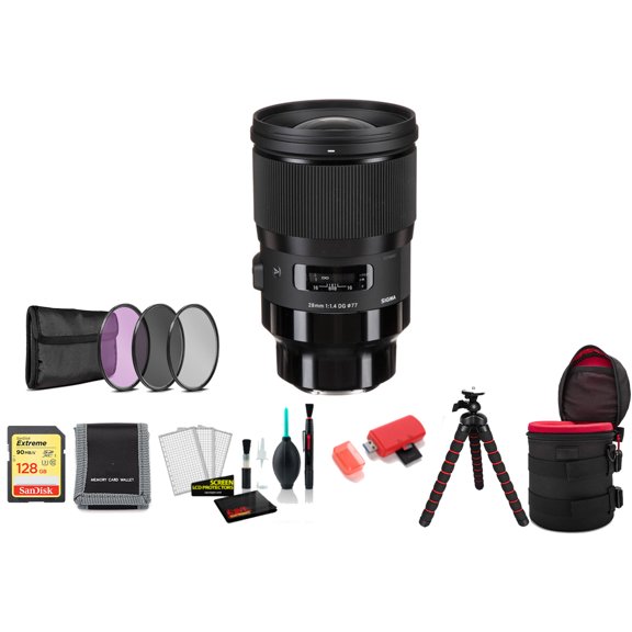 Sigma 28mm F/1.4 DG HSM Art Lens for Sony E 441965 Bundle with 128GB Memory Card   Filter Kit   Tripod and More