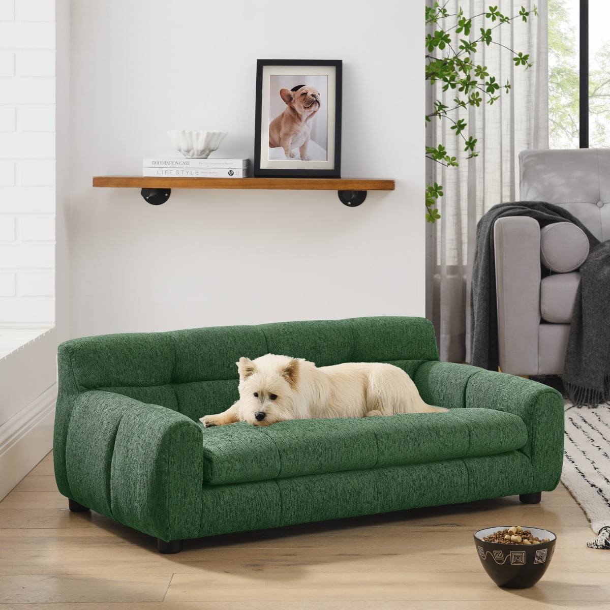 Dog Sofa for Large Dogs, Orthopedic Pet Couch with Backrest and Armrests, Soft Linen Pet Bed for Medium Dogs, Modern Rectangular Pet Furniture, Green