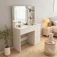 thumbnail image 3 of VEANERWOOD 37” W Makeup Vanity Desk with Sliding Mirror and Lights, Modern Makeup Table with Glass Door Cabinet, Charging Station and 4 Drawers for Bedroom, 3 of 10