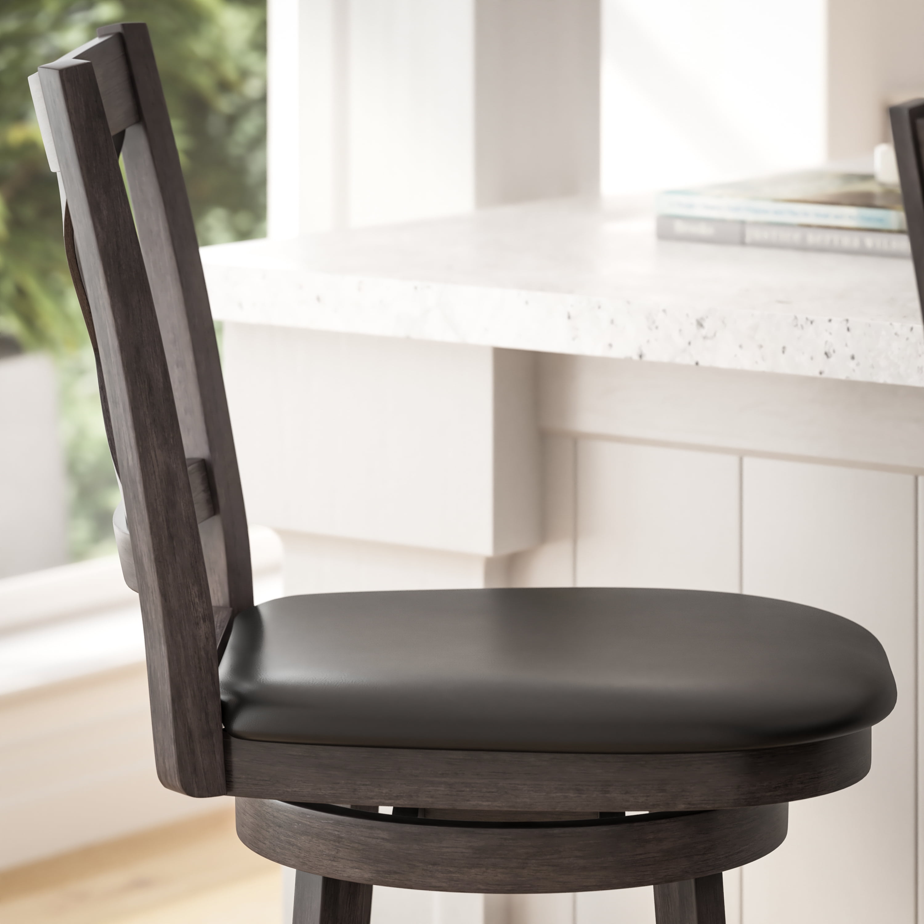 Merrick Lane 30" Gray Wash Walnut Classic Wooden Crossback Swivel Bar Height Pub Stool with Black Faux Leather Padded Seat and Integrated Footrest