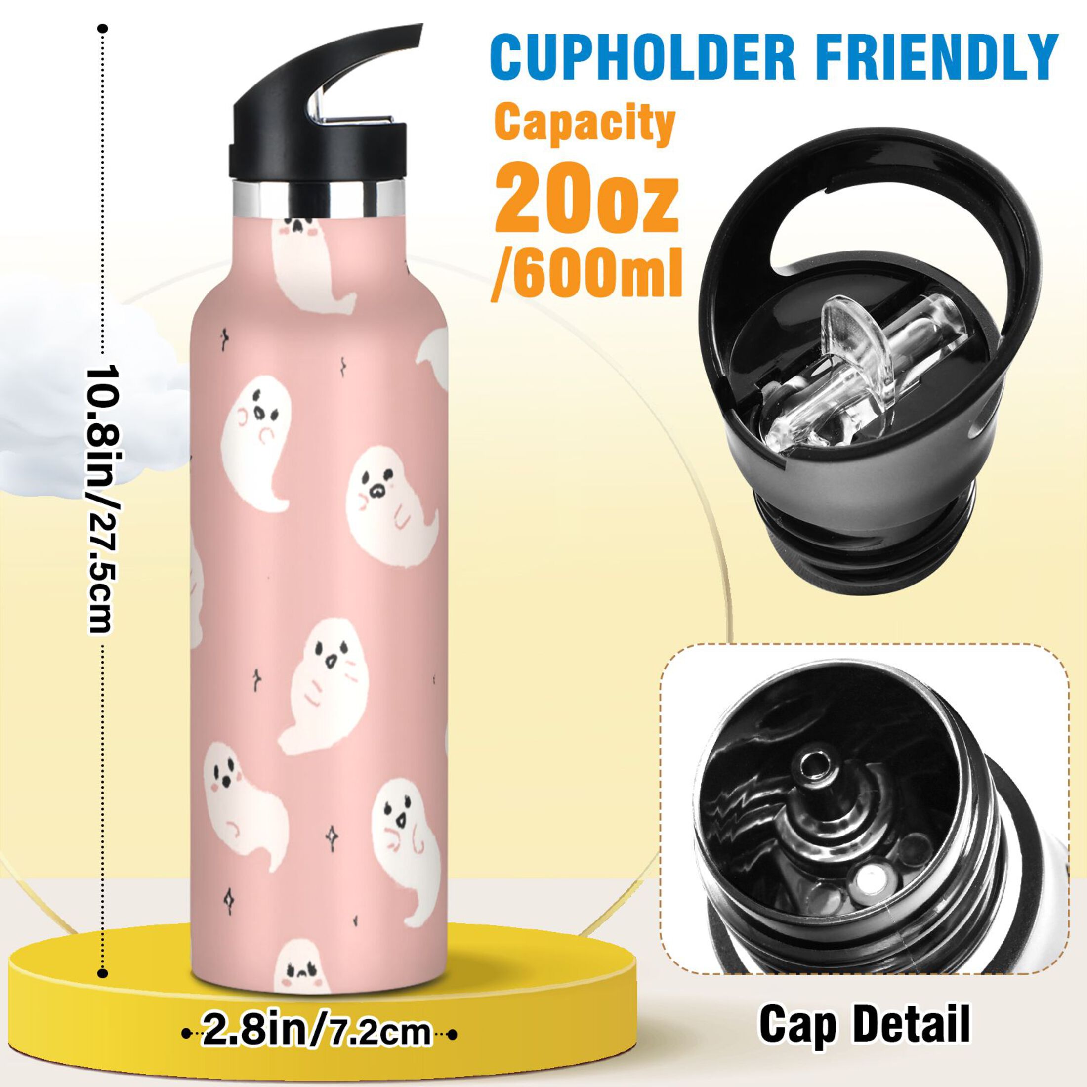 Kids Insulated Stainless Steel Sports Water Bottle 600ml (20oz) Pastel Pink Cute Ghosts