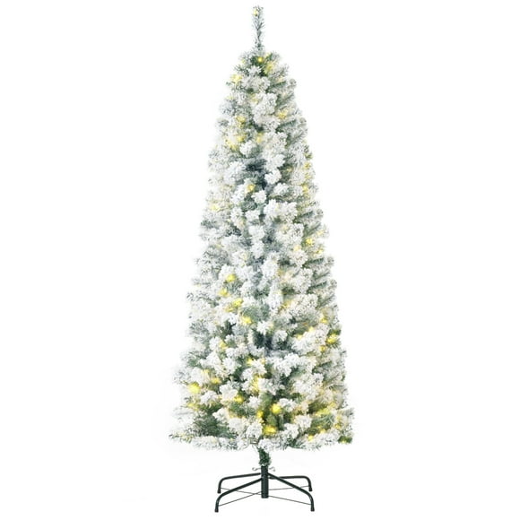 HOMCOM 6ft Prelit Artificial Pencil Christmas Tree, Snow Flocked Slim Xmas Tree with Warm White LED Lights - Green