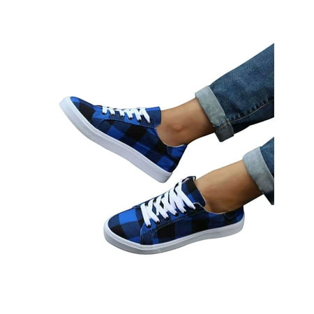 

Lumento Women s Canvas Sneakers Comfort Casual Shoes Plaid Flats Non-slip Walking Shoe Sports Breathable Lace Up Sneaker Blue 5