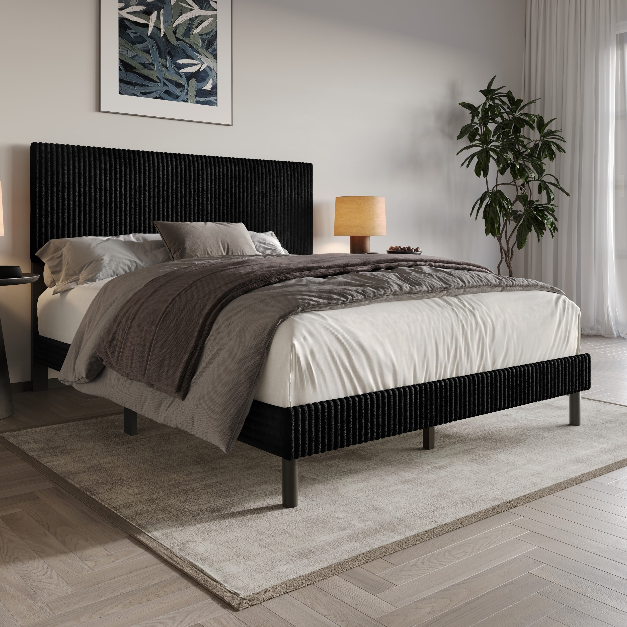 Home Design Osceola Full Luxurious Corduroy Upholstered Panel Bed Frame for Adult, Black, Easy Assembly, Box Spring Required (Sold Separately)