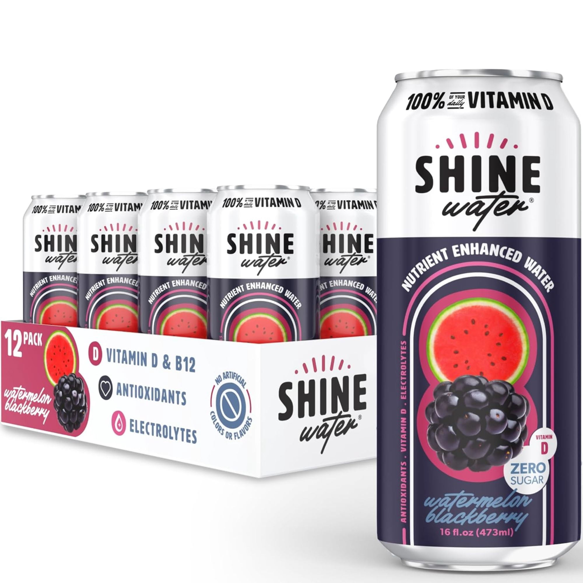 Shine Water Watermelon Blackberry Vitamin D Electrolyte Drinks 12-Pack, Sugar Free Flavored Water with Magnesium, Zinc & Antioxidants, Low Calorie