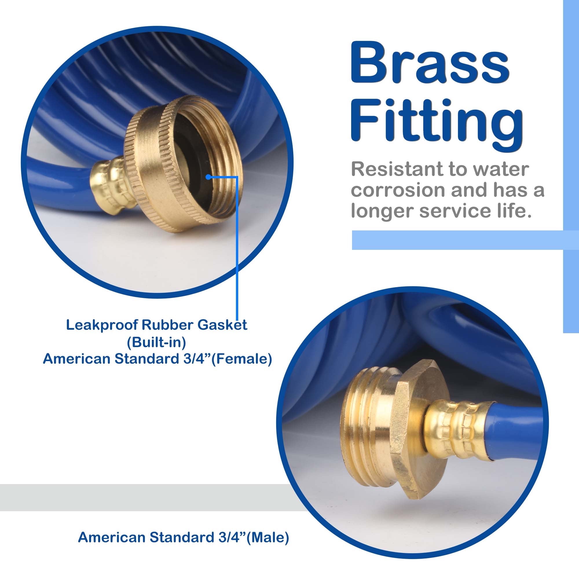 FUNJEE 1/2" Heavy-Duty EVA Coil 15 ft Garden Hose with 1/2" GHT Solid Brass Fittings, Water Hose with Brass Connectors (25FT, Blue)