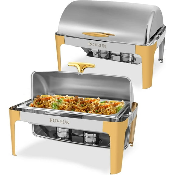 ROVSUN 9 Quart 2 Packsm Roll Top Chafing Dish Buffet Set Gold Accent