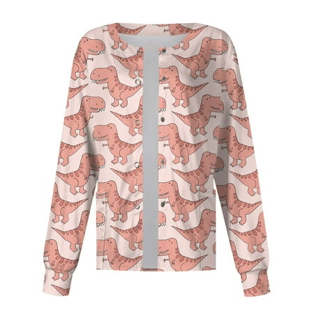 

Taymeis Cute Animals Dinosaur Printed Cartoon Stretch Scrubs Jacket Top Comfortable Easy Lightweight Durable Soft Lion Dinosaur Patterned O Neck Scrub Jacket Top with Pockets Pink L