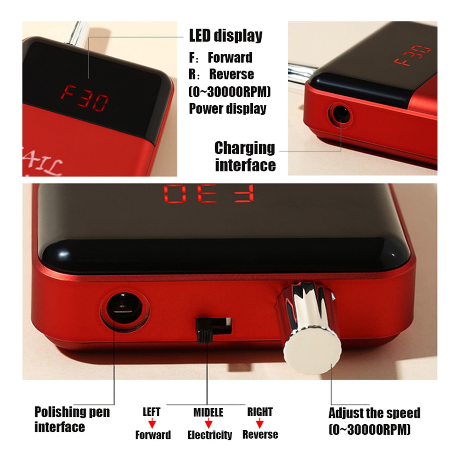 Portable Rechargeable Nail Drill Machine, Electric Nail File For Manicure, Electric Manicure Drill Nail Polisher With LCD Display ,Low Noise