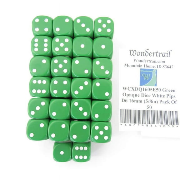 Green Opaque Dice with White Pips D6 16mm (5/8in) Pack Of 50 Wondertrail