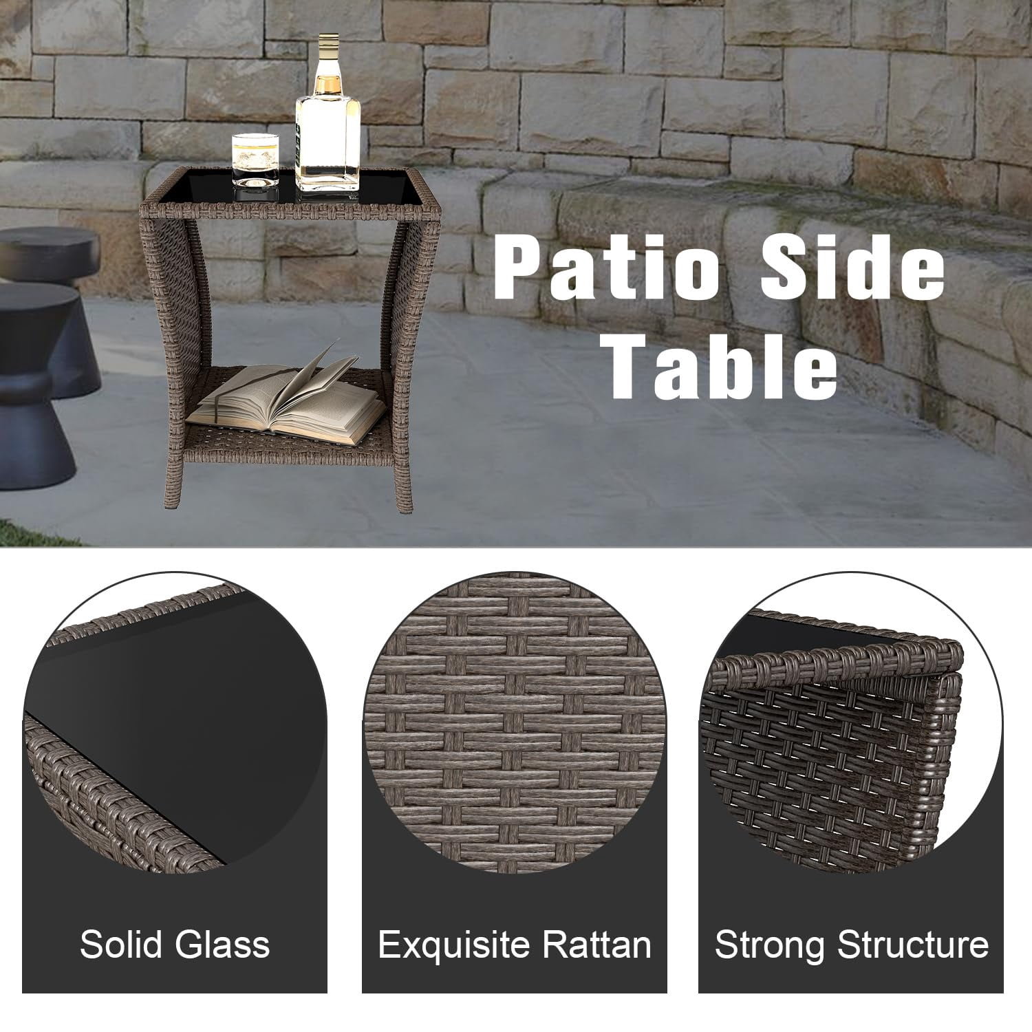 Kinsuite PE Rattan Patio Side Table - Outdoor Wicker End Table with Black Glass Top, Rattan Coffe Table in Iron Frame for Backyard Balcony Poolside, Dark Brown