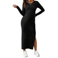 thumbnail image 4 of YMNXA Women's Maternity Dress Long Sleeve Round Neck Solid Color Comfortable Stretchy Pregnant Dresses For Casual Daily Wear,Black,L, 4 of 4