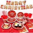 thumbnail image 3 of 162PCS Christmas Party Supplies Merry Christmas Dinnerware Set Serves 20, Merry Christmas Banner Tablecloth Gingerbread Man Plates with Napkins Cups Knives Forks Spoons for Xmas Party Decorations, 3 of 7