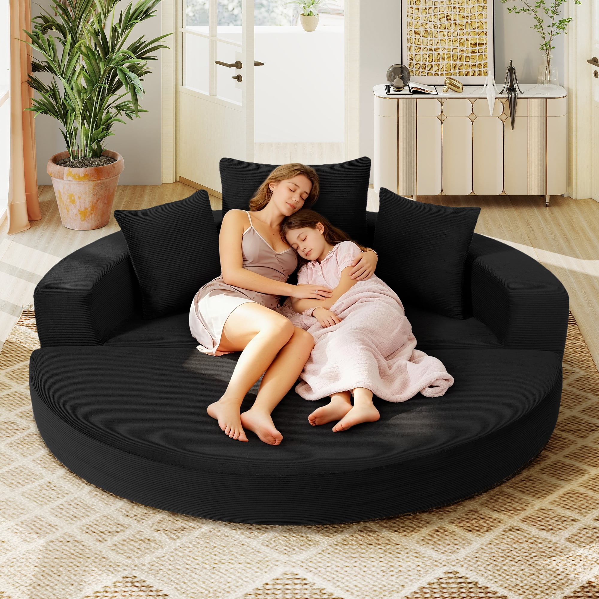 Aukfa 67" Round Convertible Folding Sofa Bed, Corduroy Futon Sleeper Couch with Pillows for Small Spaces and Living Rooms, Black