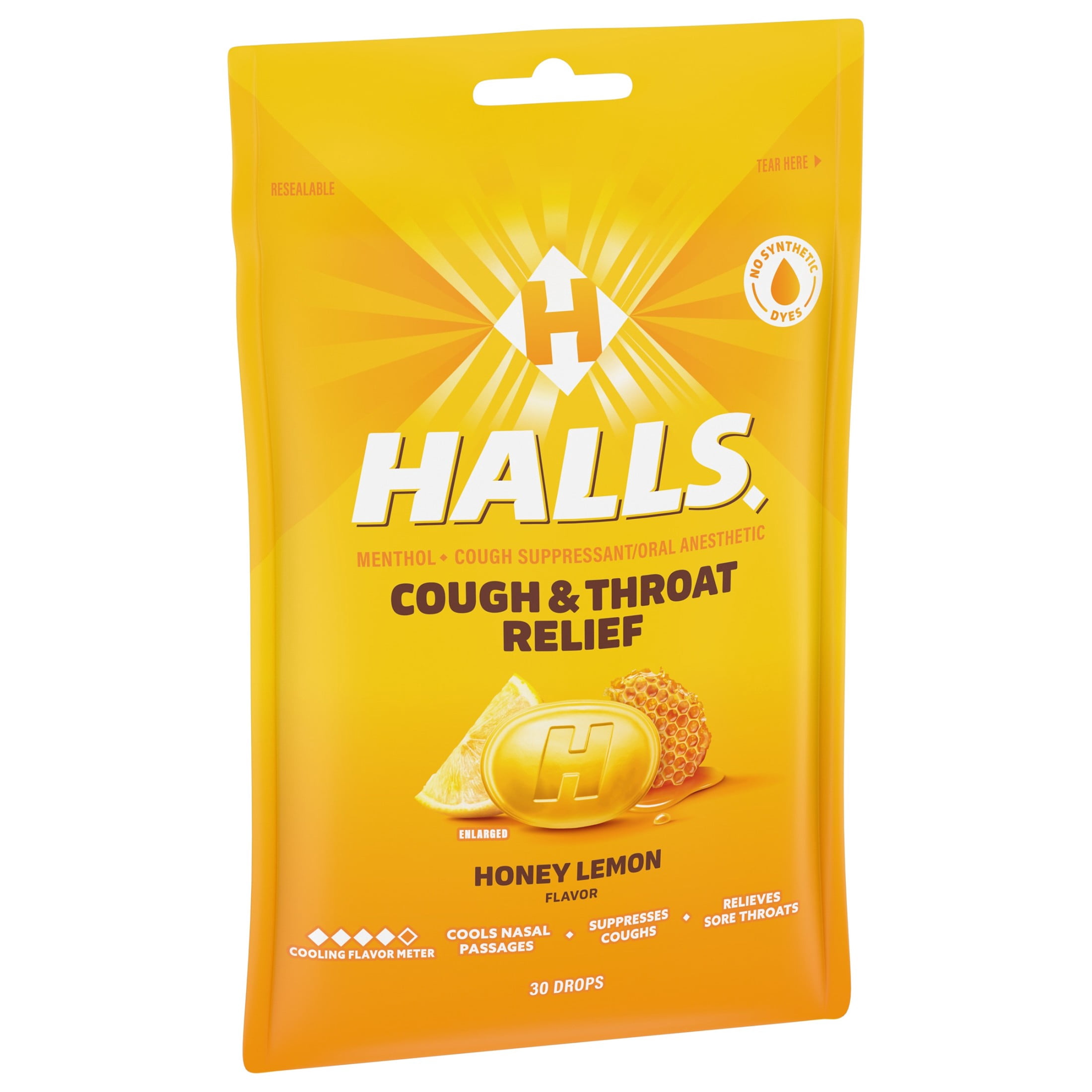 HALLS Cough and Throat Relief Honey Lemon Cough Drops, No Synthetic Dyes, FSA/HSA Eligible, 30 Drops