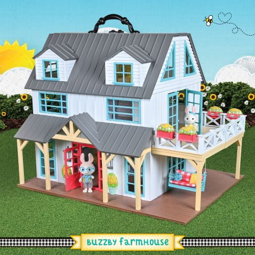 Honey Bee Acres 15 inch Tall Buzzby Farmhouse 51 Piece Dollhouse Set, Children Ages 3+, No Assembly
