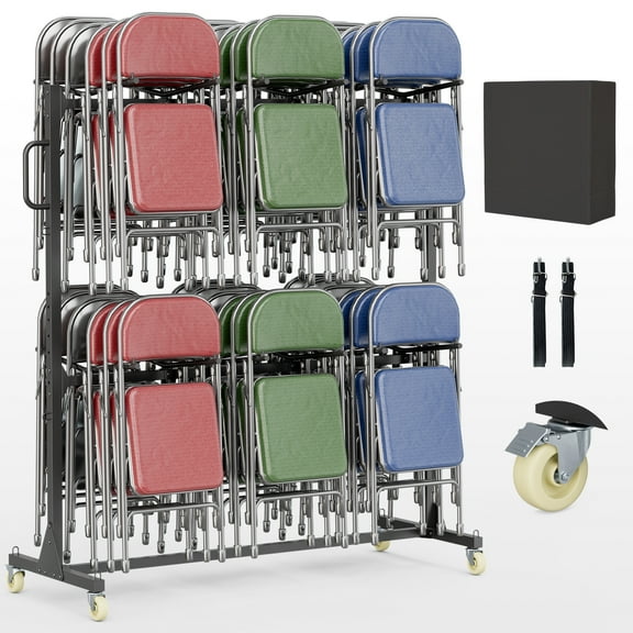 Folding Chair Rack Folding Chair Racks with Wheels and Holder Heavy-Duty Chair Cart Dolly for 84 Chairs/ 12 Tables for Storage, 1000 LBS Capacity, Includes Weatherproof Cover, Elastic Cords