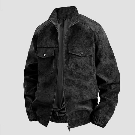 Ahabrexf Coats for Men, Solid Color Windproof Faux Leather Zipper Pocket Jacket