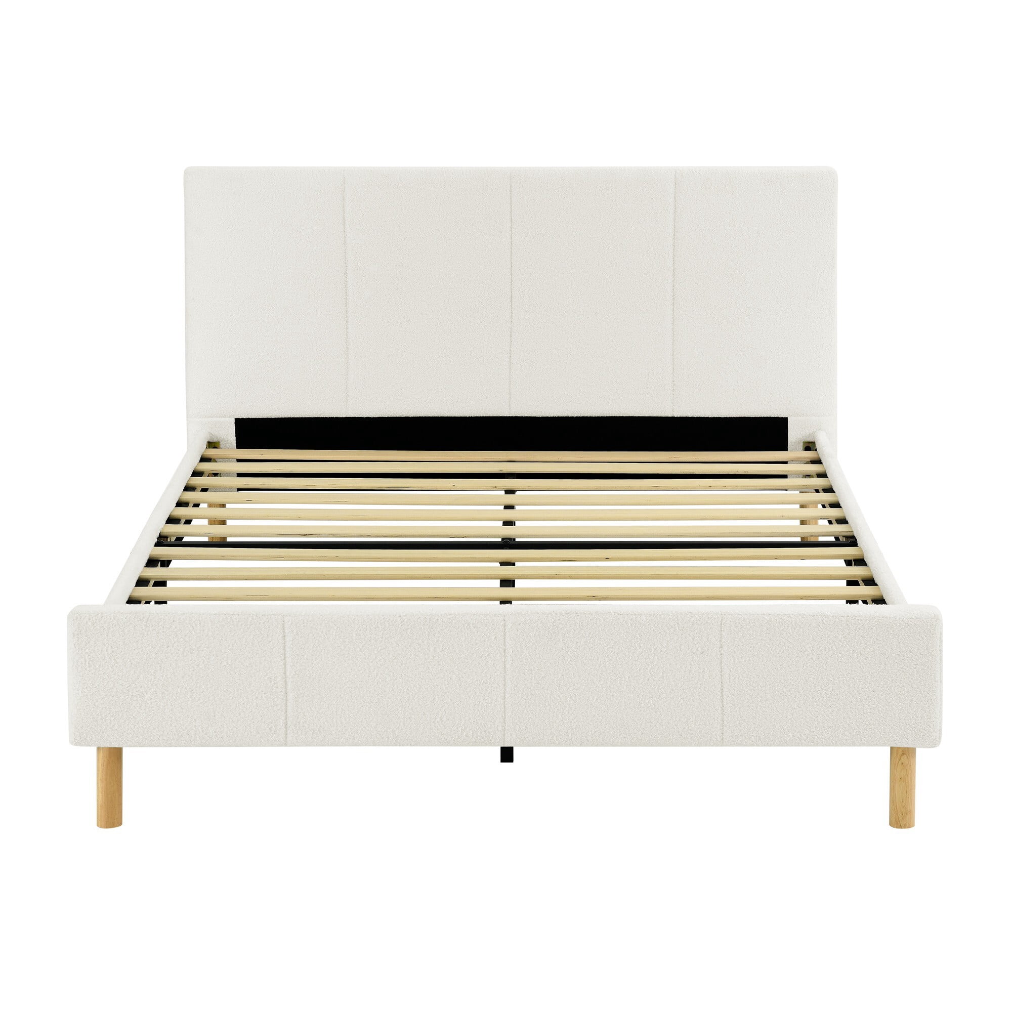 AENKYO Full Size Upholstered Platform Bed Frame with Soft Teddy Velvet Headboard, No Box Spring Needed, Beige