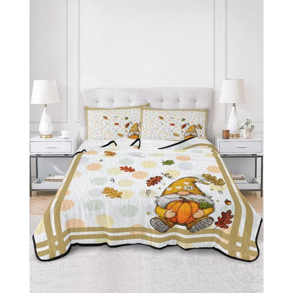 Twin Quilt Bedding Set Fall Gnome Pumpkin Leaf Summer Quilt Lightweight Quilted Coverlet with 2 Pillow Shams, Colorful Polka Dot Stripe Border 3-Piece Bedspread Quilt Set for All Season