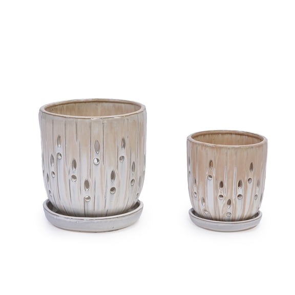 Ceramic Flowerpots Set of 2, 8" Striped Planters with Drainage - Brown Modern Plant Pots for Indoor/Outdoor Garden Patio Windowsill