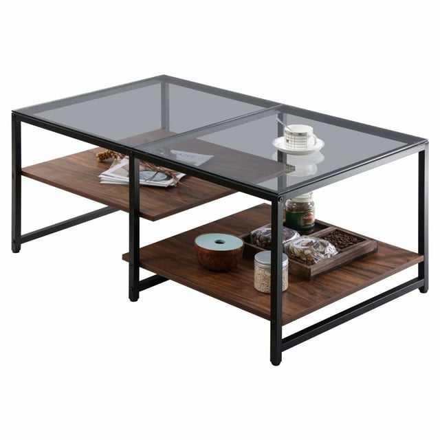 HOMOOI Glass Coffee Table with Open Storage Shelves and Flexible Heights, Sapele