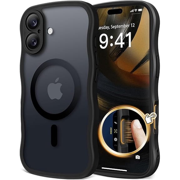 Eryueer Magnetic for iPhone 17 Case for Women Girls Upgraded [Full Camera Protection] [Compatible with MagSafe] Cute Wave Translucent Matte Phone Case for iPhone 17 Black