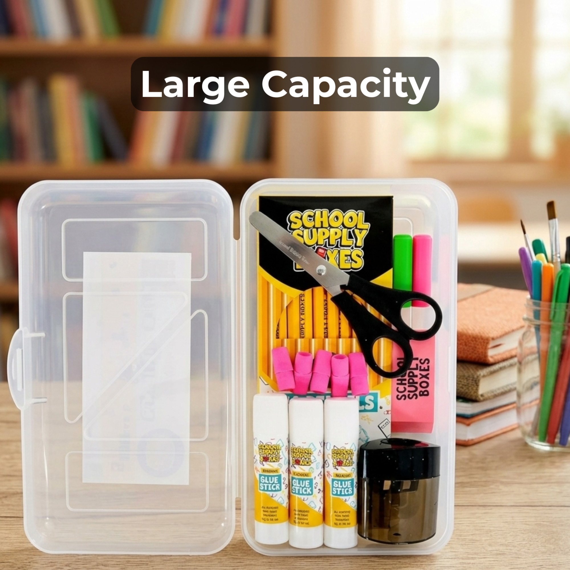 School Supply Boxes | Clear, Translucent Pencil Box | 6 Pack | Durable and Stackable Organizer for School Supplies & Office Products