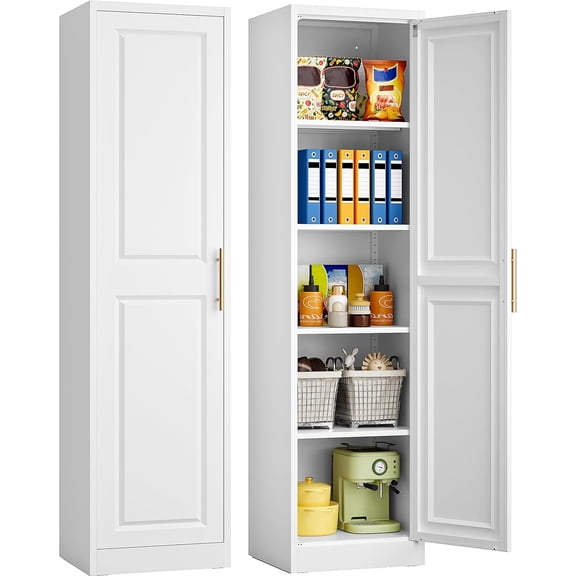 71" Tall Narrow Storage Cabinet, 1 Door, 5 Shelves - Slim Kitchen Pantry, White Metal Bathroom Cupboard for Home, Laundry