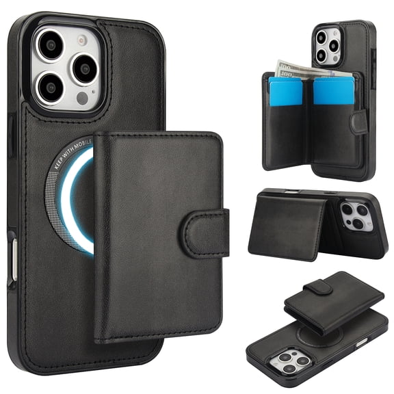 Dteck Magnetic Detachable Wallet Case for iPhone 16 Pro Max,Luxury Leather 2 in 1 Case Compatible with Mag Safe Card Slot Pocket Stand Shockproof Cover for iPhone 16 Pro Max,Black