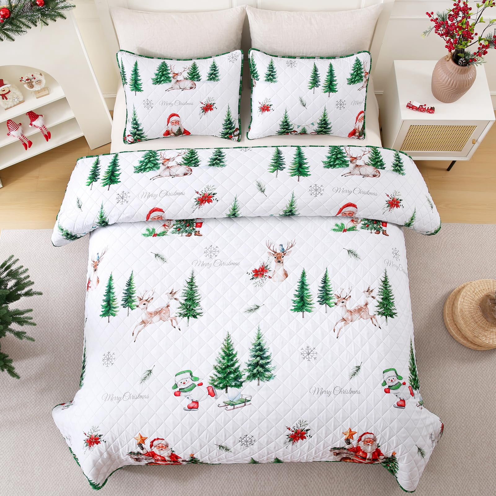 BLEUM CADE 3 Pieces Christmas Quilts Sets Queen Size, Christmas Tree Quilt Bedding Set, Reversible Green Buffalo Plaid Comforter Sets, Santa Claus Soft Lightweight Xmas Bedspread Coverlet, 90"x90"