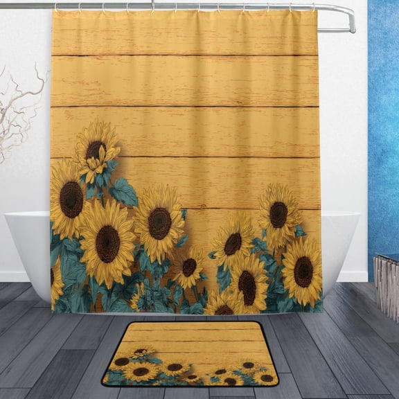 TTYFWHD 60" x 72" Shower Curtain and Bath Mat Set Bright Colors Sunflowers Waterproof Bathroom Curtain with 12 Hooks, Bathroom Decor Set