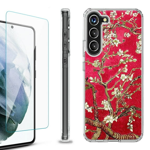 Shockproof Bumper Phone Case for Samsung Galaxy S23 5G, with Tempered Glass Screen Protector, by OneToughShield ® - Almond Blossom Red