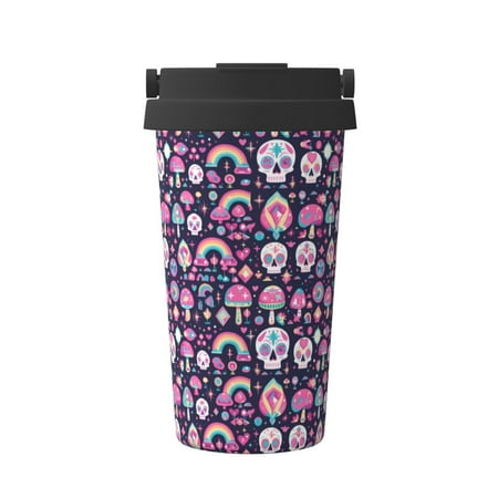 

Xecao cute Skull rainbow mushroom Pattern Insulated Coffee Mug with Handle & Flip Thermos Mug Water Bottle Coffee Tumbler Cup